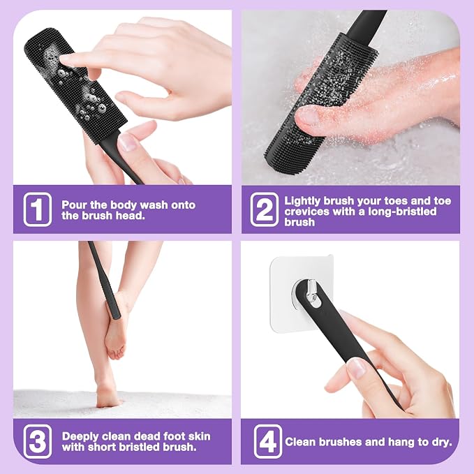4PCS Toe Cleaning Brush,Silicone Thin Brush Bath Toe Scrubber Shower Brushes for Body Back Bath Brushes Long Handle for Shower Toe Seam Bathroom Tools (Black)