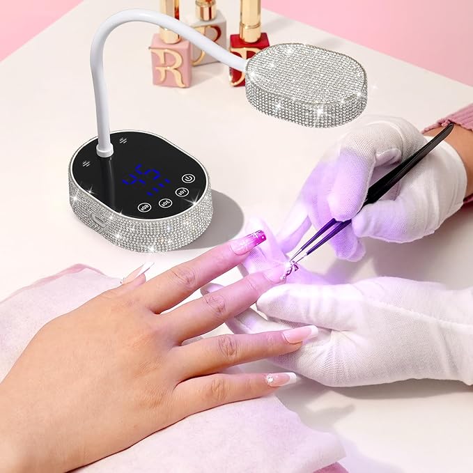 Flash Cure Nail Lamp, UV Nail Lamp for Gel Nail, Cordless, LCD, Auto Sensor | 36W | Type-C | 1500mAh | Rhinestone | Mini Size | Gooseneck | Easy to Carry | DIY Manicure | White Diamond