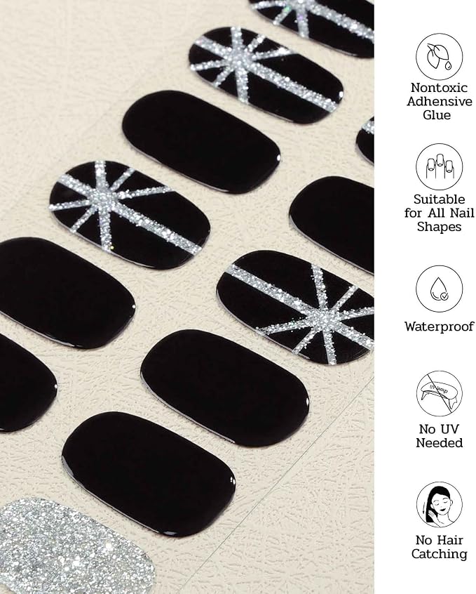 Nail Polish Strips - No UV Lamp Needed (Saint Black Glitter) | 22 Pcs Salon Quality Gel Nail Stickers - Long Lasting Wraps Easy Application and Removal