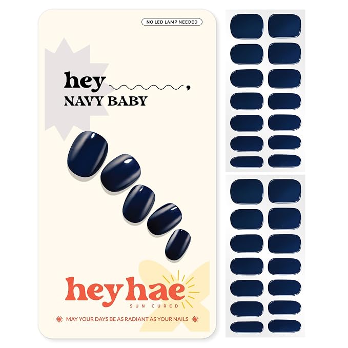 Heyhae Semi Cured Gel Nail Strips Salon Quality - Hey, Navy Baby | No UV Light Needed | Salon Quality, Easy Apply & Remove | 28 Strips, 1 Prep Pad, Nail File, Wooden Stick | Navy Solid