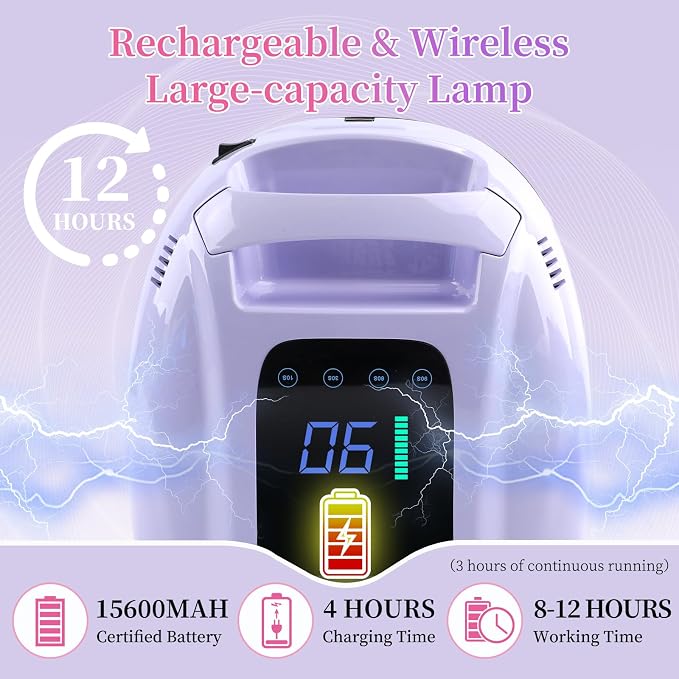 96W Rechargeable UV LED Nail Lamp, Cordless UV Light for Nails with LCD Display Auto Sensor, 4 Timer Setting and Smart Sensor Nail Dryer,Nail Cure Light with Removable Bottom(Violet)