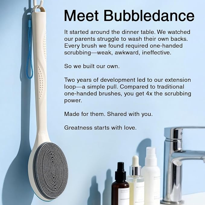 Extendable Silicone Back Scrubber, 17"-32", 4X Firm Scrub,White | Dual handles for 4X power. Zinc-infused BPA-free silicone. 40D firm bristles for deep exfoliation. Ideal oily skin, Quick-dry