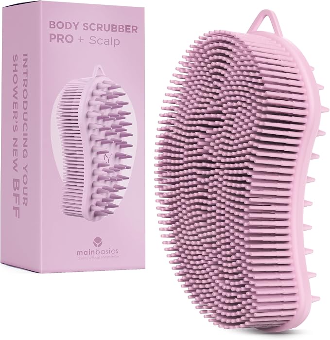 MainBasics Silicone Body Scrubber Dual-Sided, Pink, Scalp | Shower Scrubber and Scalp Massager, Gentle Silicone Loofah Alternative for Deep Clean