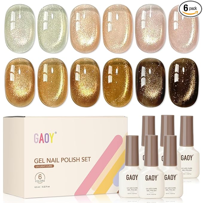 GAOY Glitter Cat Eye Gel Nail Polish Set 6 Colors with Magnet, Gold Brown | 6 Fall Colors, Maillard Caramel Amber Nail Art DIY at Home, Salon Manicure Pedicure, UV Lamp Required, Gift for Women