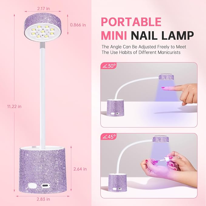 Flash Cure Nail Lamp, UV Nail Lamp for Gel Nails, Cordless Auto Sensor | 27W | Type-C | 1500mAh | Rhinestone | Mini Size | Easy to Carry | DIY Manicure | Purple Diamond
