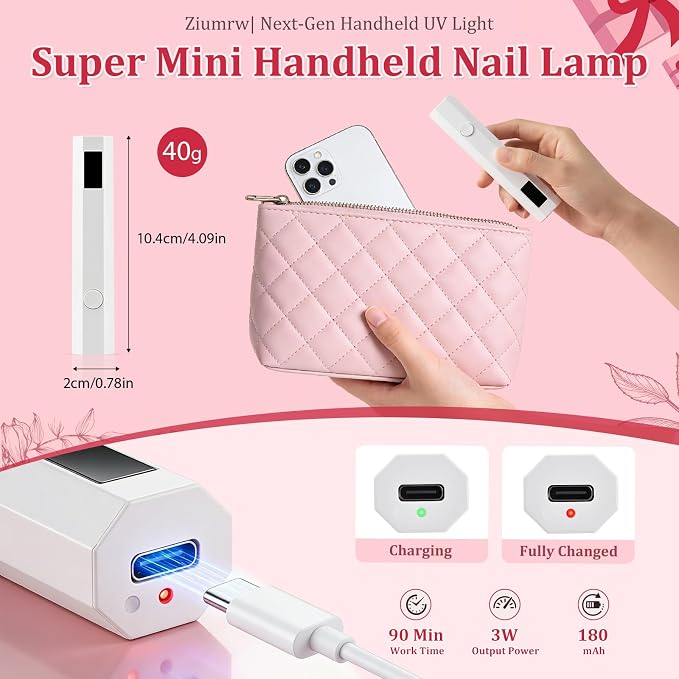 Handheld UV Nail Light for Gel Nails, Flash Cure Nail Lamp with LED Display, Settings 20/60s Timer Rechargeable Mini UV Led Nail Lamp, Hand Held Nail Light for Glue Polish Home Salon DlY, White