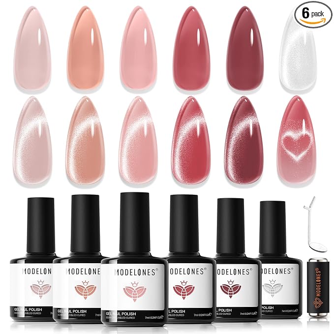 modelones Cat Eye Gel Nail Polish Kit Jelly 6Colors Pink Nude Sparkle