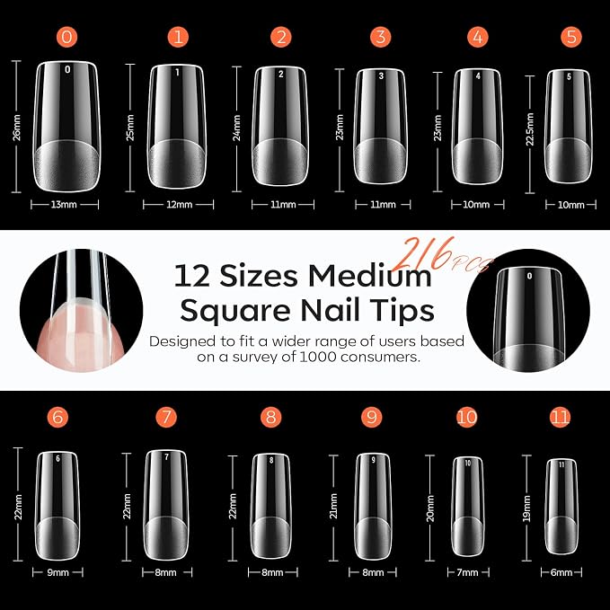 Modelones Medium Square Nail Tips Pre-shaped Soft Gel Fake Nails False Full | Acrylic Clear Full Cover Press on Extension Kit Gel Manicure DIY at Home 216PCS 12Sizes