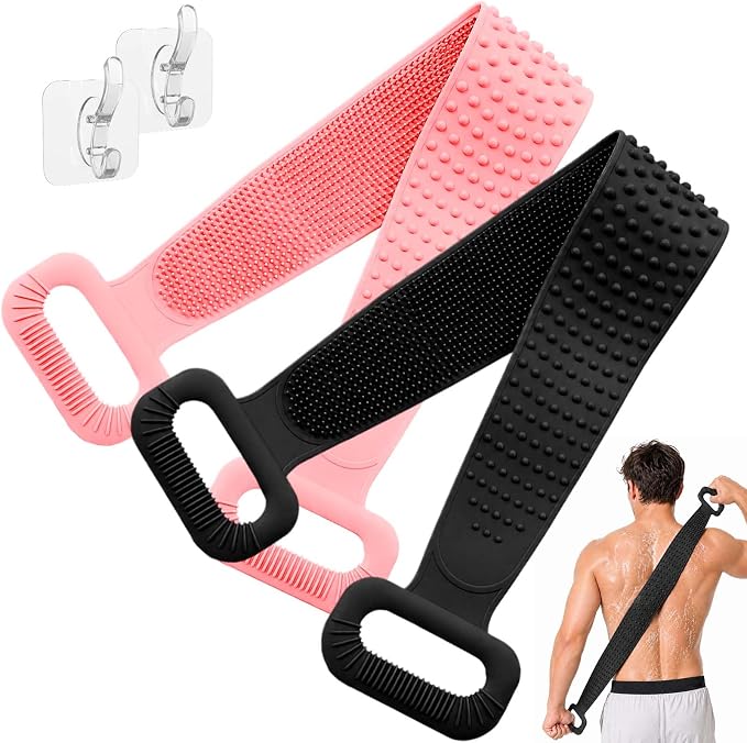 Manmihealth 36'' Extendable Silicone Back Scrubber for Shower Black+Pink | Back Washer with Long Strap Handle, Dual-Sided Silicone Body Brush for Men and Women