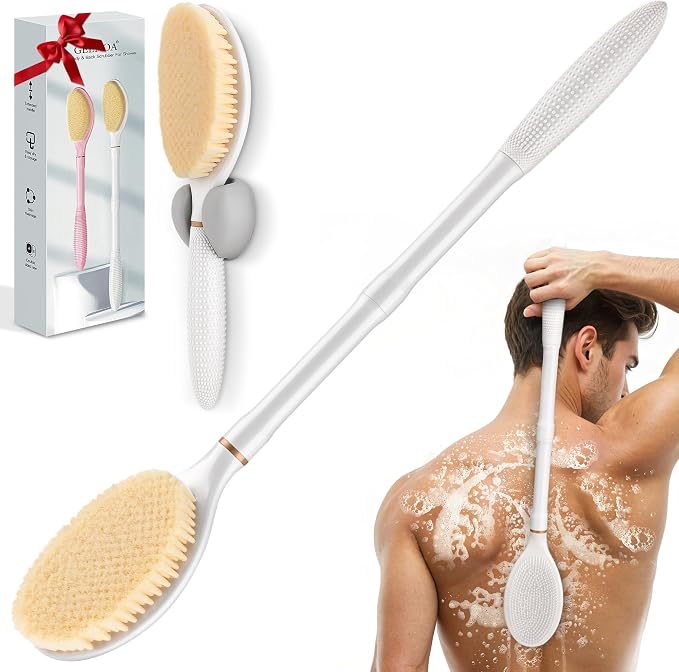 New Back Scrubber Anti-Slip for Shower, 18.9‘’ Adjustable Shower Back Scrubber with Dual-Side Head & Soft Bristles, Extra-Long Shower Brush Bath Brush for Lathering Cleansing(White-L)