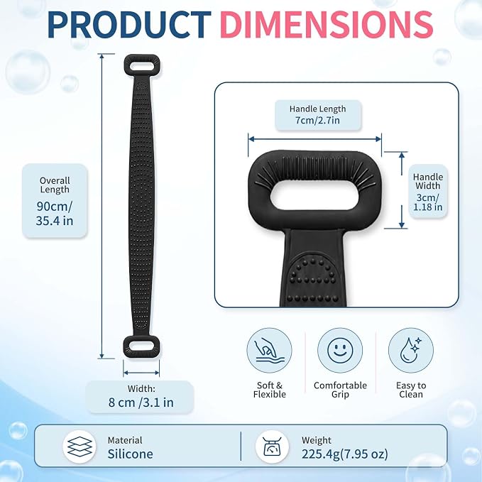 Manmihealth 36'' Extendable Silicone Back Scrubber for Shower Black | Back Washer with Long Strap Handle, Dual-Sided Silicone Body Brush for Men and Women