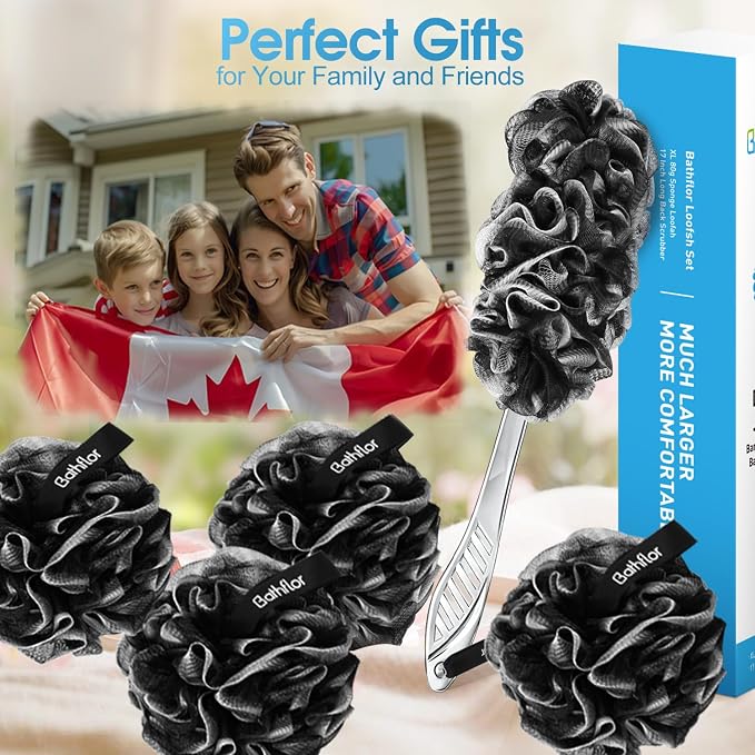 5 PCS Large Shower Loofah Bath Sponge, Body & Back Scrubber for Women Men | Charcoal Poufs, 4PCS 80g Extra Big Exfoliating Loofa Pack, 1PCS Long Handle Back Scrub Luffa, 1PCS Lufa Hook, Black