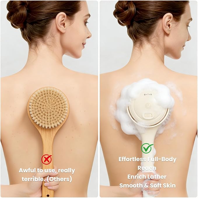Electric Body Brush with 4 Replacement Heads & Auto-Lock & Long Handle | 3-Speed Rechargeable Back Scrubber for Shower, Exfoliating & Deep Cleaning & Skin Massaging
