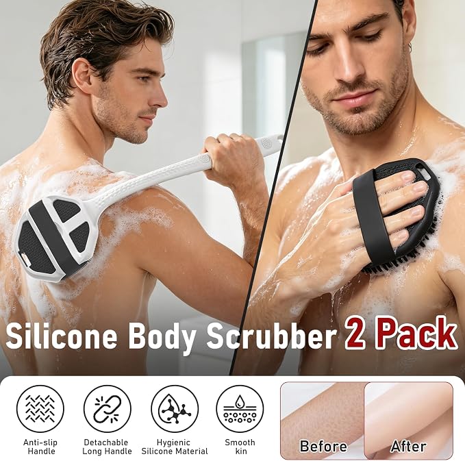Back Scrubber for Shower for Men 2 Pack, Silicone Body Scrubber with Long Handle, Detachable Body Wash Scrubber Shower Scrub Brush - Lathering Bristles Deep Clean Exfoliator Women Mens Black