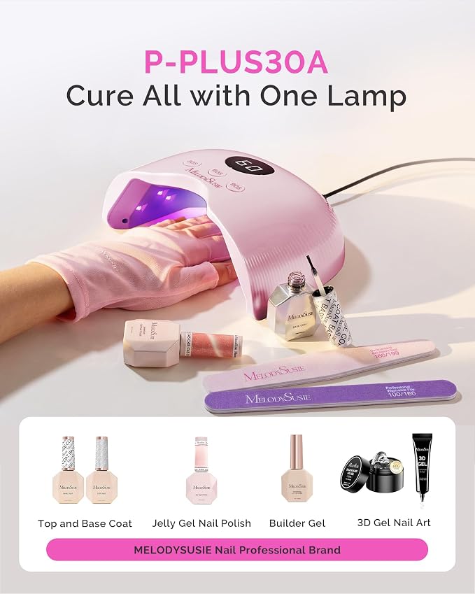 MelodySusie UV Nail Lamp P-Plus30A with UV Gloves for Gel Nail Polish | 24W,3 Timer Settings,Smart Sensor,LCD Display,30 UV/LED Beads,Builder Gel,Jelly Gel,Base Top Coat,for Beginners at Home