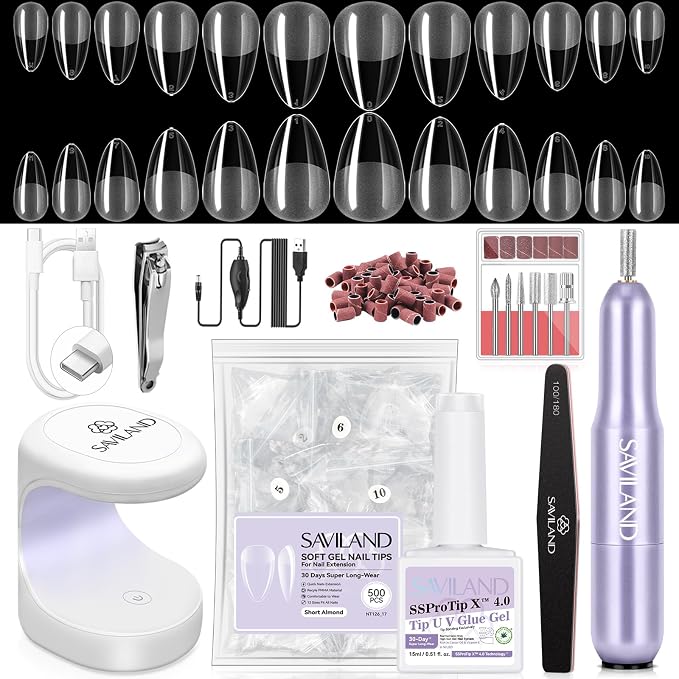 SAVILAND Pro Gel Nail Kit with Drill: Short Almond Tips 12 Sizes Gel Nail X Kit 500 PCS Strong Nail Glue U V Nail Lamp for Nail Extension Salon DIY Home Gift for Women | 500 short almond tips in 12 sizes, 20,000 RPM drill, 4-in-1 glue gel, mini lamp, p...