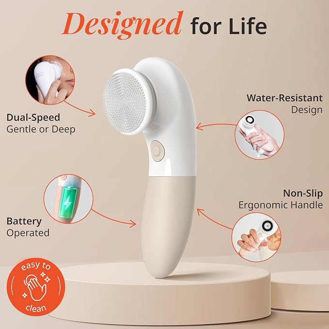 Vanity Planet Raedia Facial Cleansing Brush - Electric Facial Cleansing Brush with 4 Exfoliating Brush Heads - Waterproof, Handheld, Lightweight for Face Scrubber and Exfoliating Face - Warm Grey | Facial Cleansing Brush with 4 Exfoliating Brush Heads ...