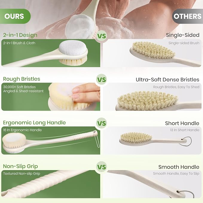 Back Scrubber for Shower with Long Handle, Dual-Sided Bath Brush with Soft Bristles & 150D Exfoliating Cloth, Anti-Slip Grip, Lightweight Back Washer for Shower, Men & Women (Light Yellow)