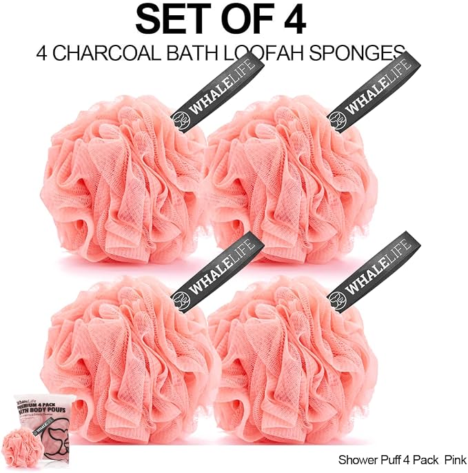 Bath Loofah Sponge for Shower Body Scrubber for Women Men 4-Pack Pink | 10X Suds Save Body Wash Double Knotted Anti Tear Core Fast Dry Cotton Loop Stay Fresh Large Mesh for Sensitive Skin