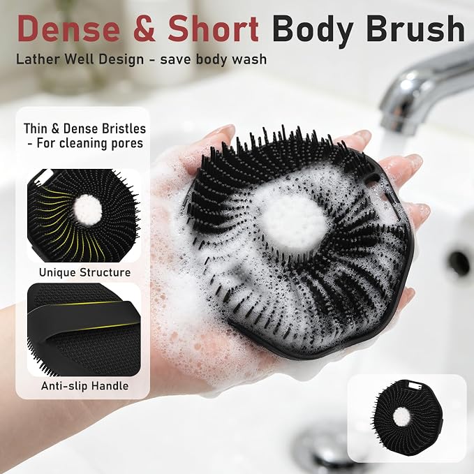 Back Scrubber for Shower 2 Pack, Silicone Scrub Brush with Long Handle & Unique Soft Body Scrubber, Detachable Body Brush Shower Lather Well Deep Clean Exfoliating for Women Men Sensitive Skin Bl&Gy