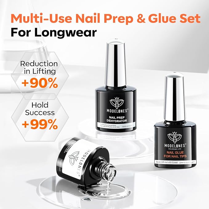 modelones 10-in-One X Nail Gel Glue with Nail Dehydrator Primer Set | Adhesive Bond for Press Ons False Tips Acrylic Rhinestones Prevent Lift Clear Multi Use Gel Polish U V Cure Soak Off Manicure