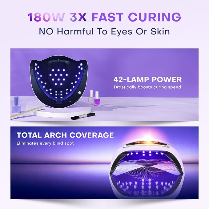 UV Nail Lamp, 180W LED Nail Dryer for Gel Polish, Touch Screen, 42 Beads | Auto Sensor Curing Light with LCD Display and 4 Timer Settings, Fast, Even Curing for Salon Use and Home DIY Manicure