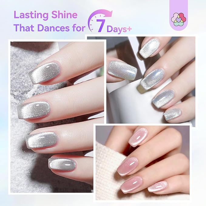 SAVILAND Cat Eye Nail Polish Kit: 6+1 Colors Quick-Dry Magnetic Sparkle Diamond Glitter Nude Pink Nail Polish Set with 3-in-1 Base Top Coat Cuticle Oil 12-Free Fingernail Polish Women Gift