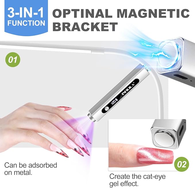 NXJ INFILILA Multi-Functional Handheld UV Light for Gel Nails with Cat Eye Magnet - Portable Flash Cure Nail Lamp for French Manicures, Detail Work, Type-C Cordless for Travel & Home Use(Silver)