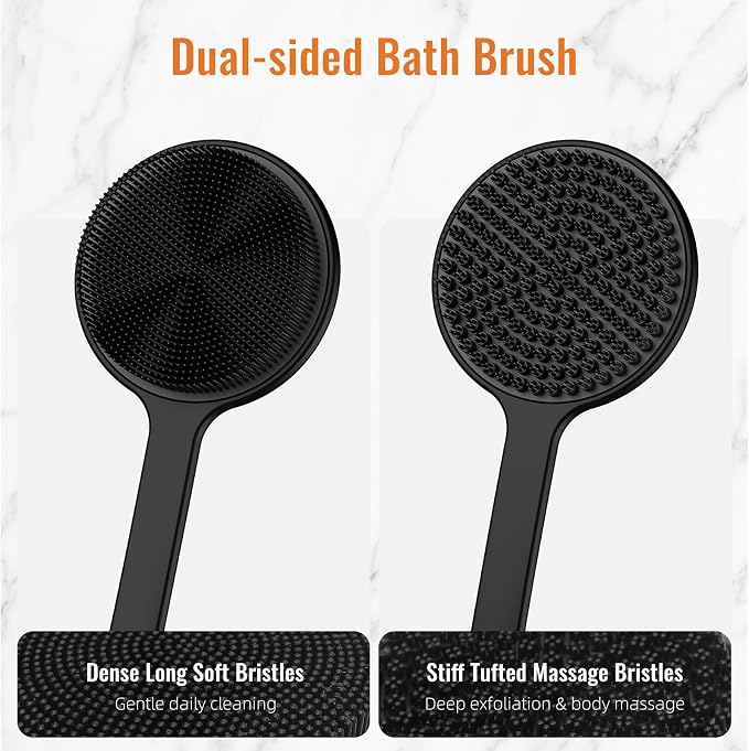 Silicone Back Scrubber for Shower, 17in Lengthen Long Handle Body Brush, Double Sided Shower Brush for Shower Exfoliating and Massage Can Produce Rich Foam, Long Handle Back Scrubber for Men
