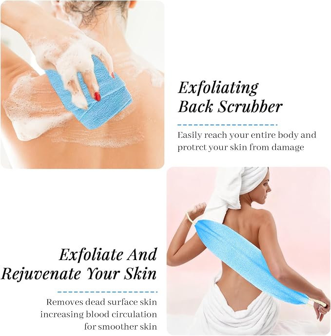 Inmorven Exfoliating Back Scrubber with Handles, Nylon Back Exfoliator, Two Sides Stretchable Pull Strap Shower Deep Cleans Skin Massages Invigorating Blood Circulation for Women Men Body (Bule)