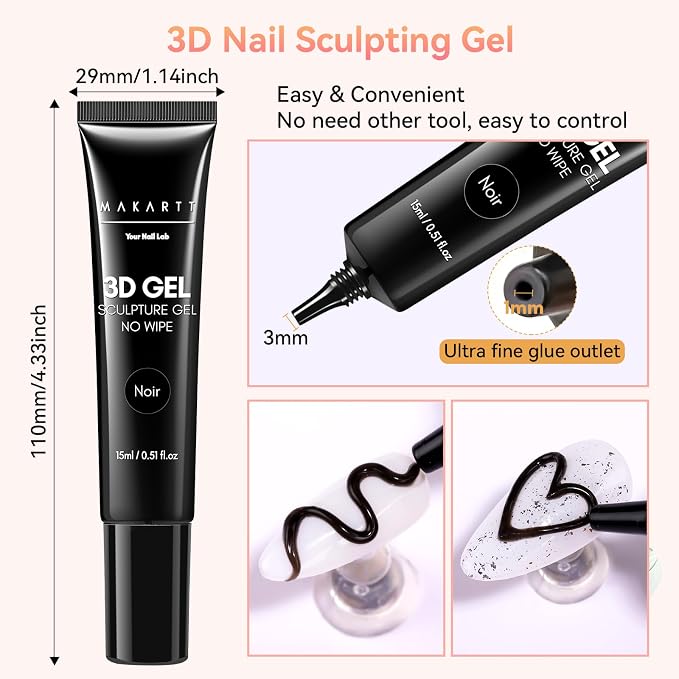 Makartt 3D Nail Gel, 15g Black Sculpting Gel Glue for Molding and Drawing | No Wipe, Rhinestone Glue, Gems Decoration, Carving and Painting Nail Art