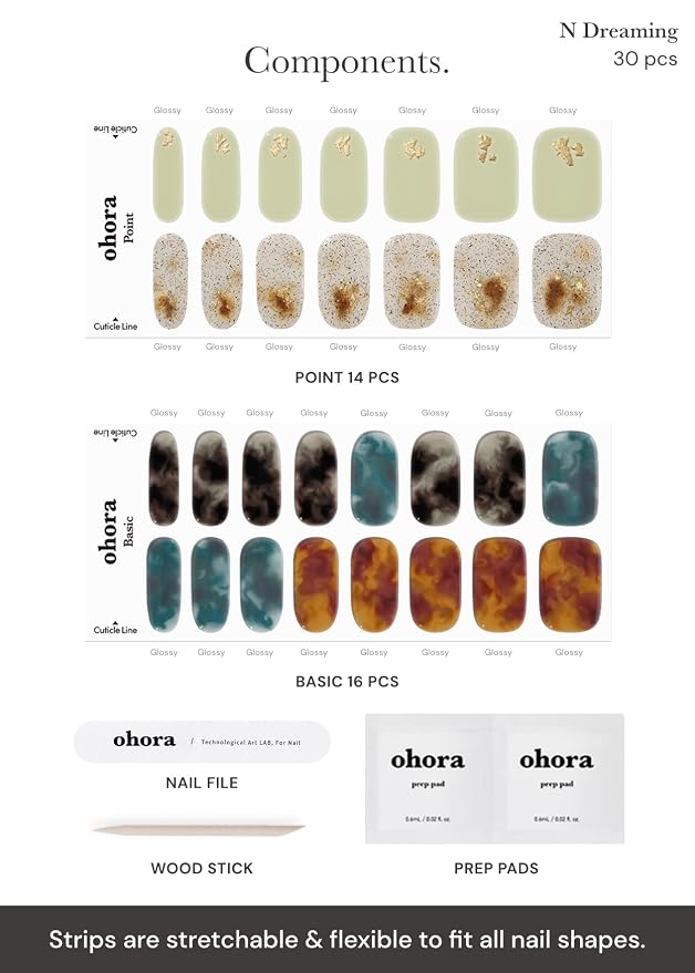 ohora Semi Cured Gel Nail Strips (N Dreaming) - Dark, Patterned, Works with Any UV/LED Lamps, Salon-Quality, Long Lasting, Easy to Apply & Remove - Includes 2 Prep Pads, Nail File & Wooden Stick