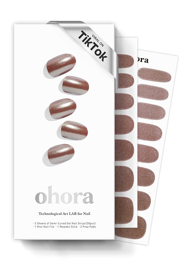 ohora Semi Cured Gel Nail Strips (N Chocolate Chrome) - Works with Any Nail Lamps, Salon-Quality, Long Lasting, Easy to Apply & Remove - Includes 2 Prep Pads, Nail File & Wooden Stick
