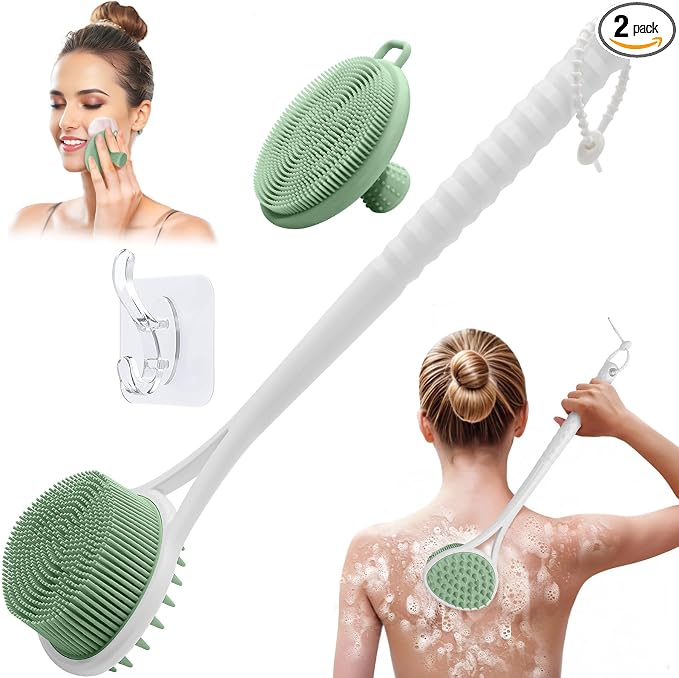 Silicone Back & Face Scrubber Set, 15.35’’ Soft Back Scrubber for Shower with Dual-Side Brush Head, Gentle Silicone Facial Scrubber Face Brush for Deep Lathering & Cleansing(Green-2PCS)