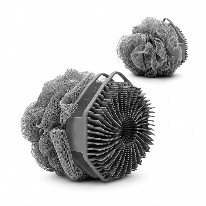 2-in-1 Silicone Body Scrubber & Mesh Loofah Sponge – Exfoliating Shower Scrubber with Soft Loofa Puff, Silicone Bristles, Non-Slip Grip, Quick Dry, Hygienic Body Scrubber for Women & Men