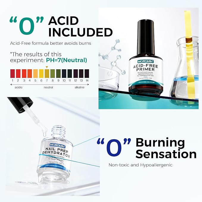Morovan Nail Dehydrator and Primer with Gel Base & Top Coat Set 5PCS Professional Fast Dry Acid Free Supplies Primer and Chrome Proof No Wipe Matte Top Coat for Acrylic & Gel Nail Polish Gifts