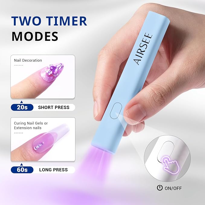 AIRSEE Mini Portable Handheld UV Light for Gel Nails, Home & Travel,Blue | 2 Timers & Rechargeable,Cordless Nail Lampsfor Rhinestone Glue Decoration,Gel Nail Strips