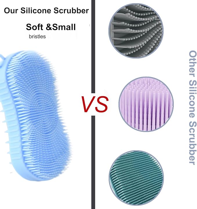 Silicone Body Scrubber, Double Sided Exfoliating Brush with Soft Flexible Bristles, Scalp Massage and Shampoo Tool with Hanger Loop, (Blue)