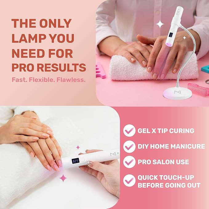 M - GlamCure GO Nail Flash Cure Lamp with Focus Beam Technology, Touch Screen - LED & UV Nail Light - Curing Lamp for Gel Nails, Acrylic, Builder - Both Portable & Adjustable (Pink)