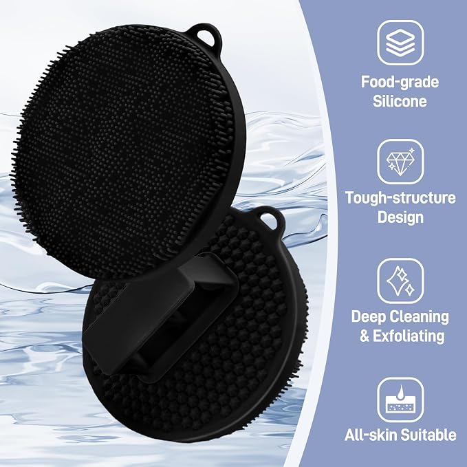 Silicone Body Scrubber for Shower, Hygienic Silicone Loofah with Waved Bristles and Non-Slip Handle, Durable Body Buffer Shower Scrubber for Gentle Exfoliating & Lathering(Black)