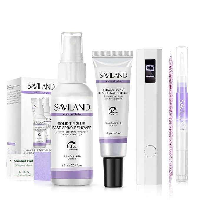 SAVILAND Solid Nail Glue Gel Kit with UV Lamp, Remover and Cuticle Oil | Includes fast-spray remover, cuticle oil pen and prep tools, 60-second UV cure, complete press-on bonding and removal set