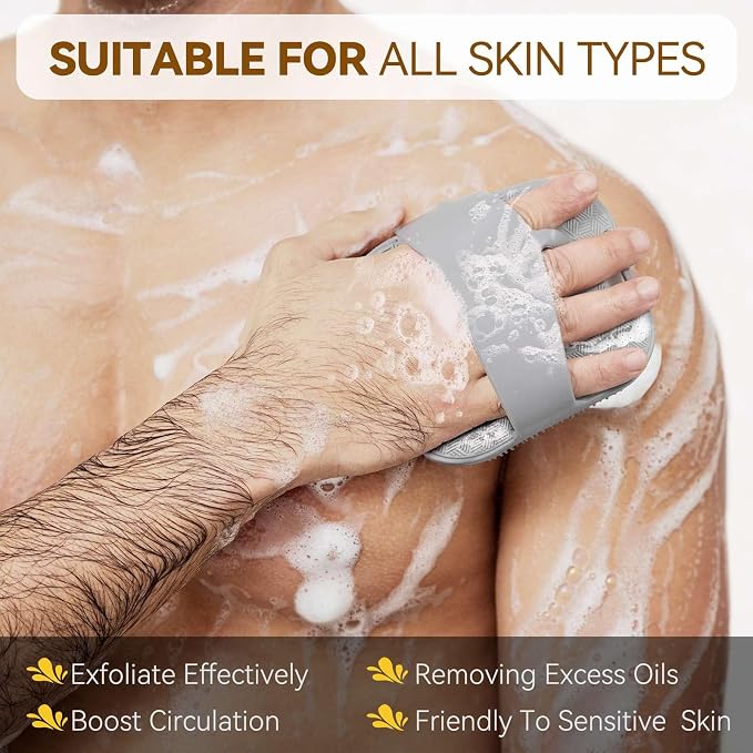 Zinc Infused Silicone Body Scrubber for Men, New Upgrade Deep Exfoliating Body Scrubber for Shower, Silicone Loofah Men for Sensitive Skin with Lathering Bristles and Ergonomic Non-Slip Handle (Gray)
