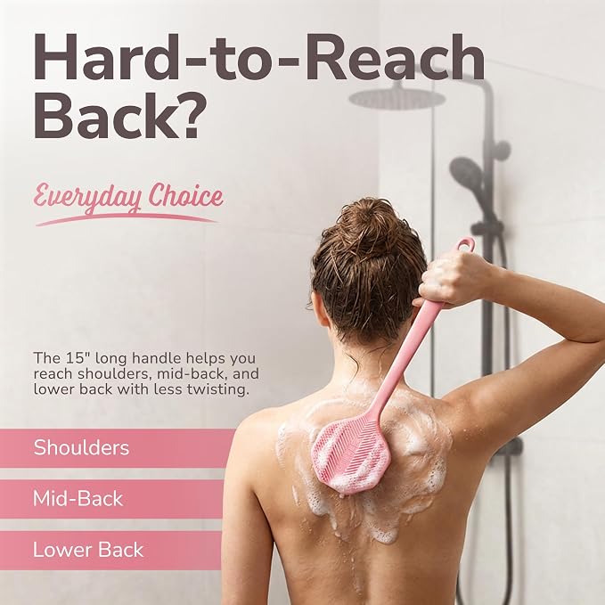 SILKLE Long Handle Back Scrubber for Shower - Silicone Body Scrubber & Bath Brush, 15 Inch Easy-Reach Handle, Foam-Focused Center, Exfoliating Bristles - Pink