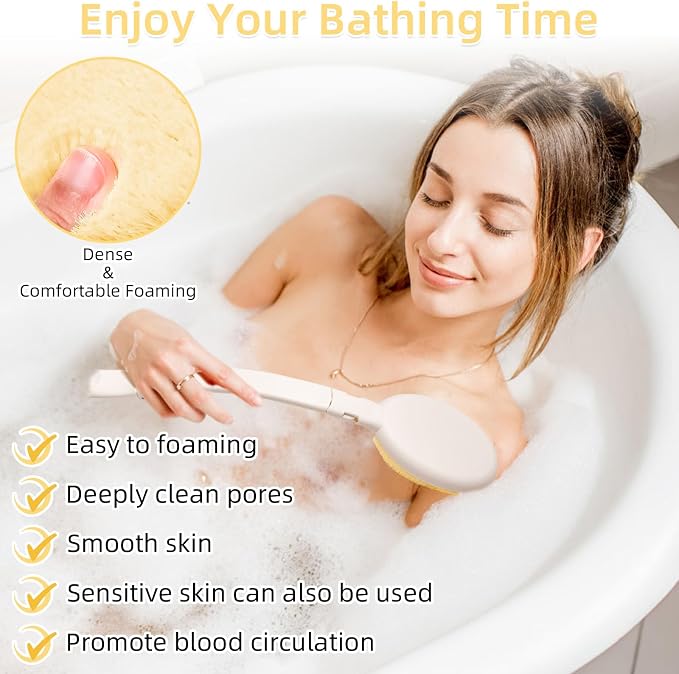 LFJ 19" Long Handle Shower Sponge Brush Set | 3 in 1 Body Brush, Bath Sponge and Lotion Applicator Improved Skin Health, Foldable, For Man and Women, 2PCS