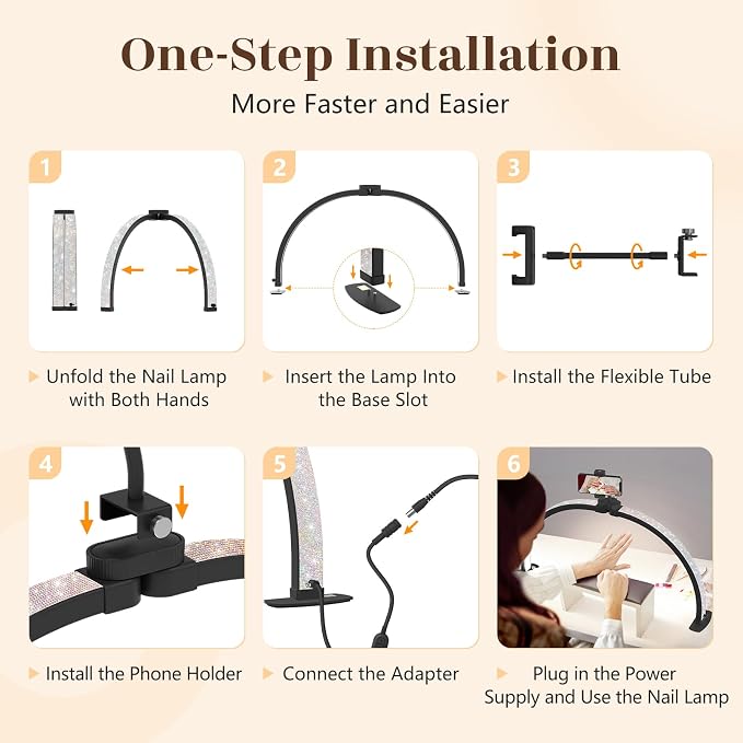 Yokilly Half Moon Light for Nail Desk: 29" Foldable Nail Light for Desk | Arch Nail Tech Light with Phone Holder for Beginner - 3 Color Modes & 10 Brightness for Manicure Salon-Black