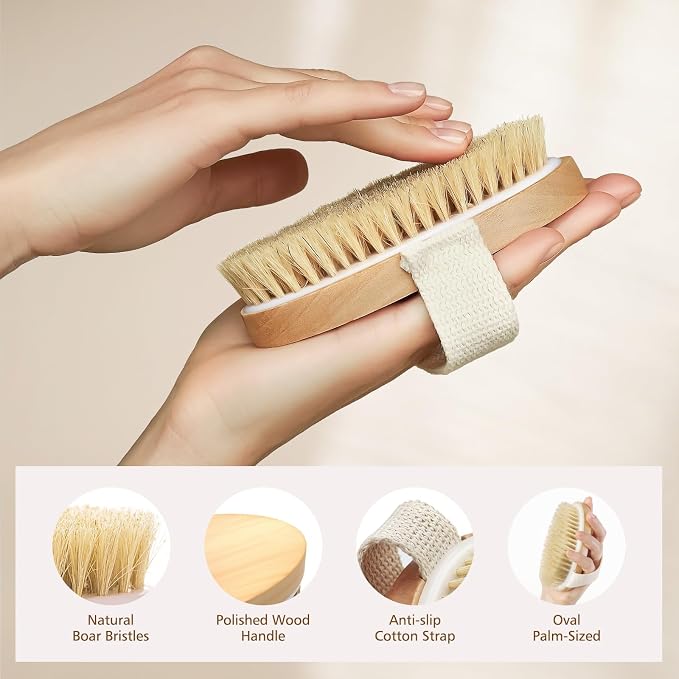 POPCHOSE Dry Brushing Body Brush, Natural Bristle Exfoliating Brush | Body Scrub for Smoother Skin: Supports Cellulite Treatment, Lymphatic Drainage and Blood Circulation Improvement