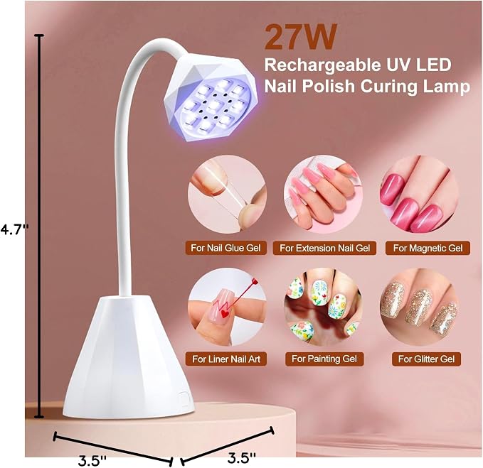 LED UV Nail Lamp Rechargeable 27W Mini UV Light for Gel X Nails Extension,Cordless Portable Nail Dryer 360°Rotatable Gooseneck Polish Curing Lamp with 2 Timer,Hands Free Flash Cure Light for Nail Art
