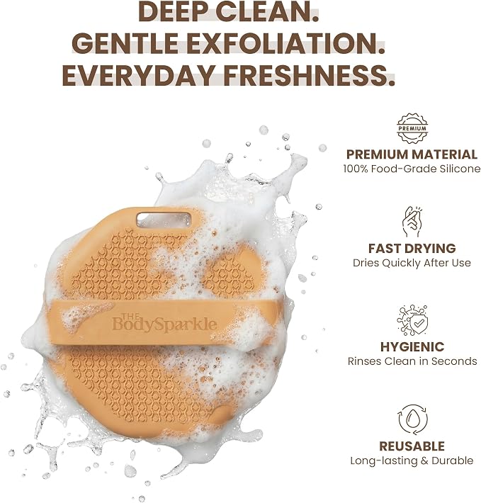 Silicone Body Scrubber for Shower & Bath – Food-Grade Silicone Body Brush with Ergonomic Handle for Cleansing & Gentle Exfoliation – Reusable Body Scrubber for Smooth Skin (Brown)