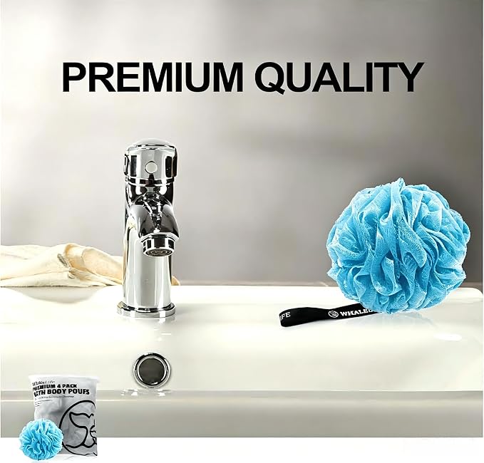 Loofah Bath Sponges - Gentle Exfoliating Shower Loofah for Rich Lather, Durable Mesh Body Scrubber for Men & Women 4 Pack (Sky Blue) | 10X Suds Save Body Wash Double Knotted Anti Tear Core Fast Dry Cotton Loop Stay Fresh Large Mesh for Sensitive Skin
