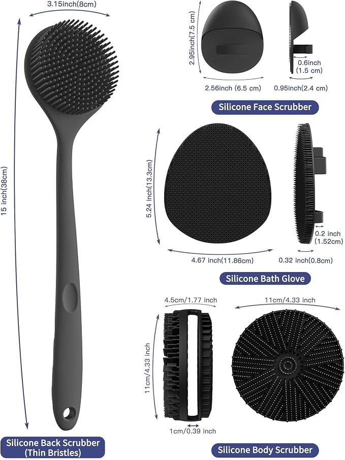 Manmihealth Silicone Body Scrubber Shower Brush Set Thin Bristles Black | 4PCS Super-Cleansing Body Scrubber & Strong Lathering Power Bath Glove Combination